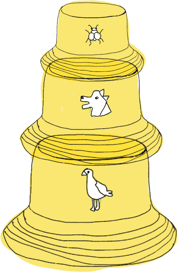 Illustration of a stacked bucket hat with a beetle, a dog, and a bird
